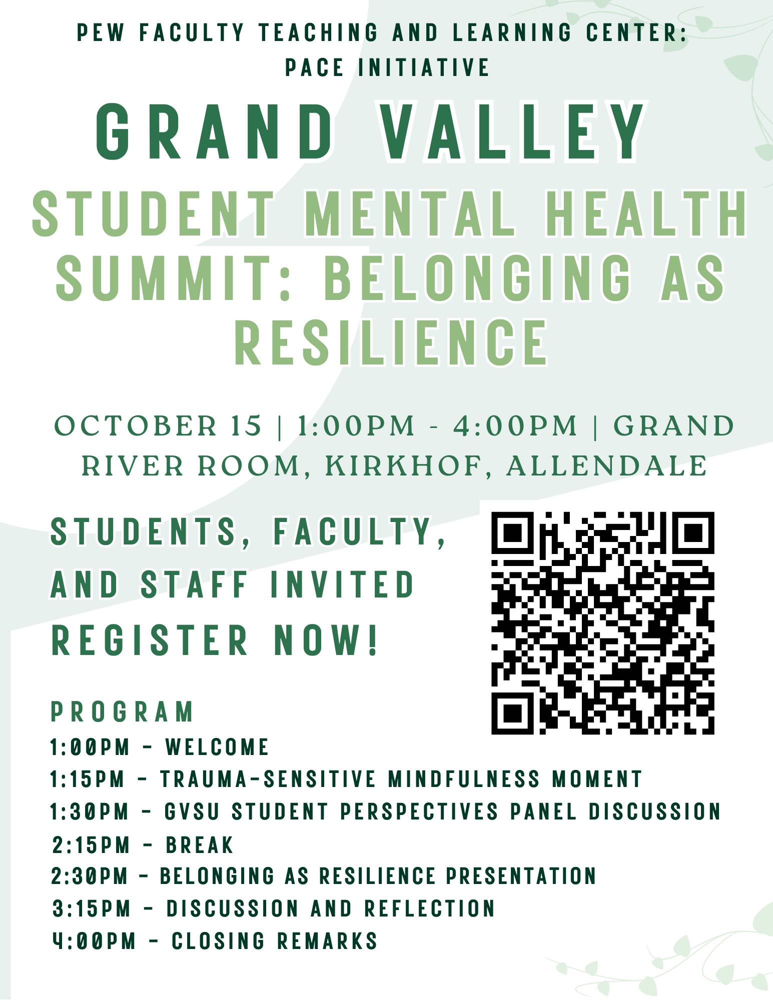 Pace Student Mental Health Summit: Belonging as Resilience flyer with dates and times